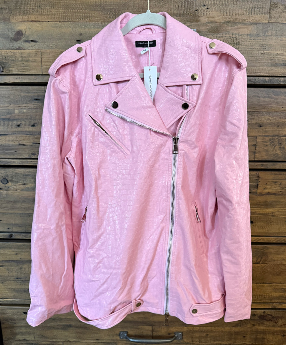 Naked Wardrobe Moto Jacket Women/s L Pink Faux Leather Croc Embossed Biker